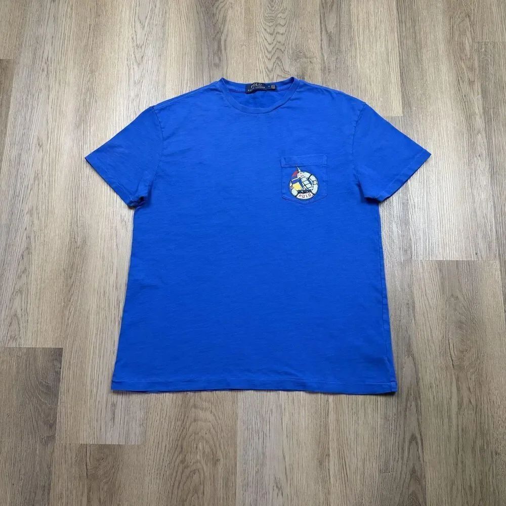 Polo Ralph Lauren Shirt Mens Medium Blue Sailboat Pocket Graphic Tee Nautical